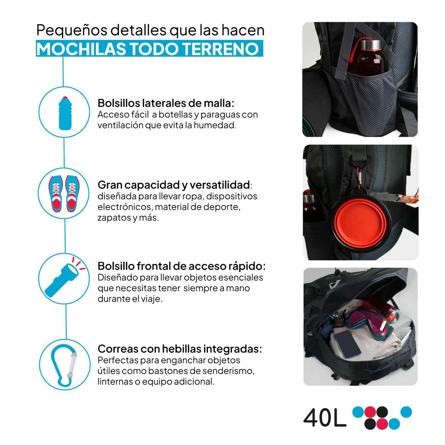 Mochila 40 Litros Impermeable Negra de Senderismo Montaña Montañero Viaje Acampada Acampar Aire Libre Trekking 40L