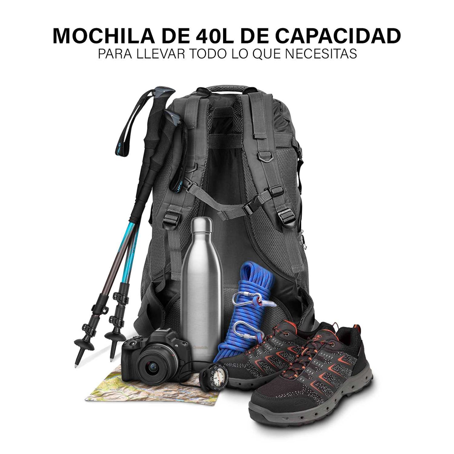 Mochila 40 Litros Impermeable Negra de Senderismo Montaña Montañero Viaje Acampada Acampar Aire Libre Trekking 40L