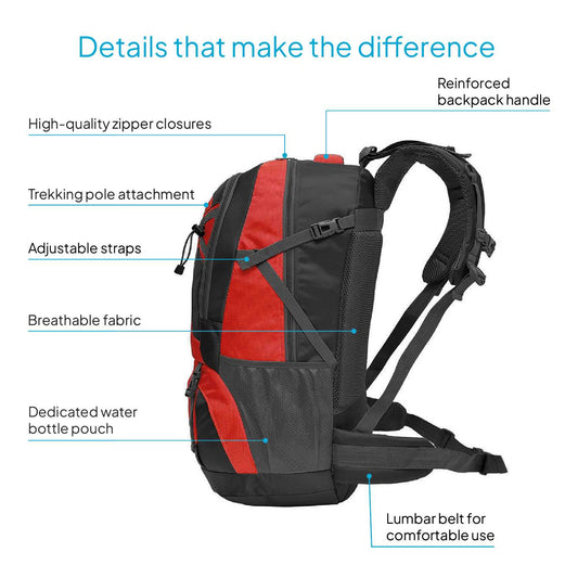 Detalles de mochila de trekking roja 40L con cremalleras, correas ajustables y respaldo acolchado