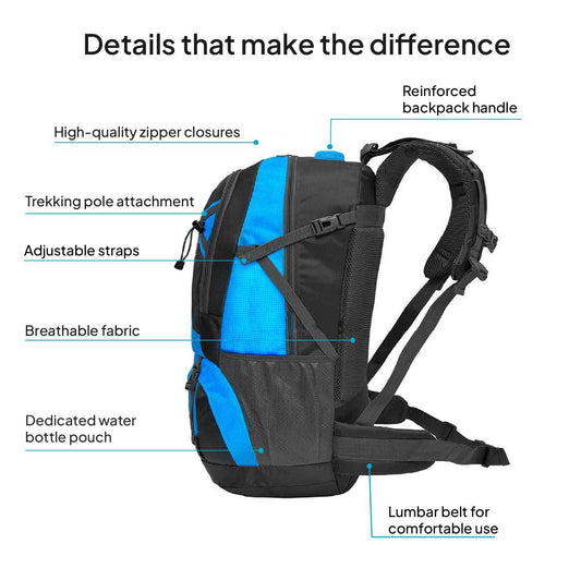 Mochila de senderismo azul de 40 litros con correas de pecho y cintura ajustables