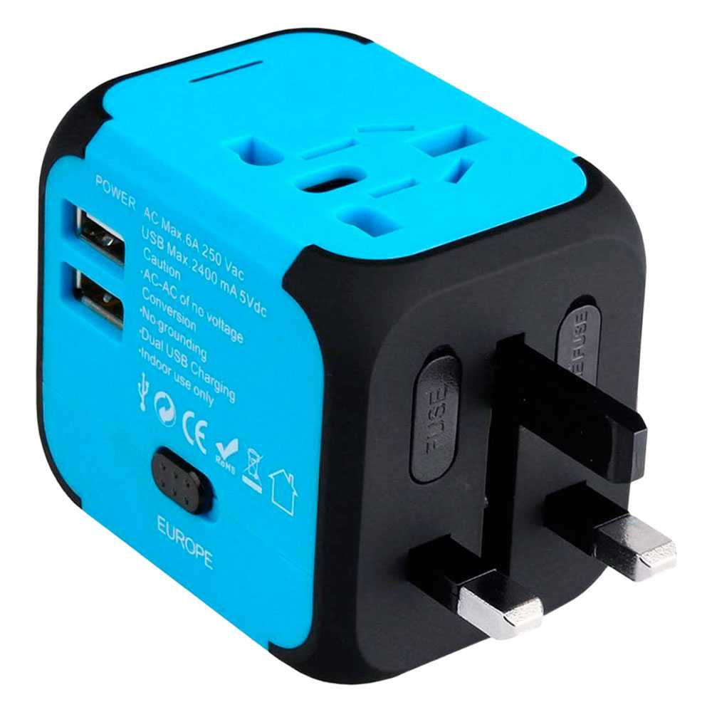 Adaptador Enchufe Pared de Viaje Universal con 2 Puertos USB para USA US EU UK AU Tipo A B C E F G I de 150 Países Azul