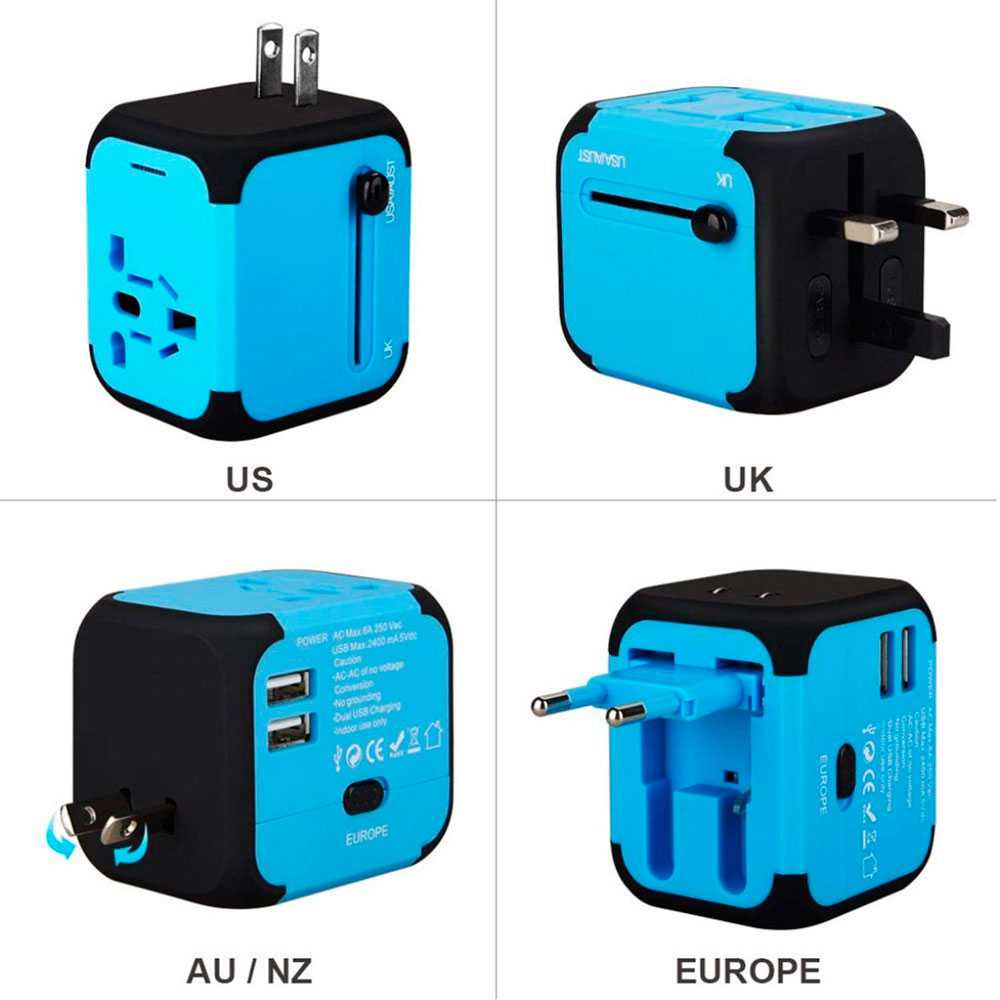 Adaptador Enchufe Pared de Viaje Universal con 2 Puertos USB para USA US EU UK AU Tipo A B C E F G I de 150 Países Azul