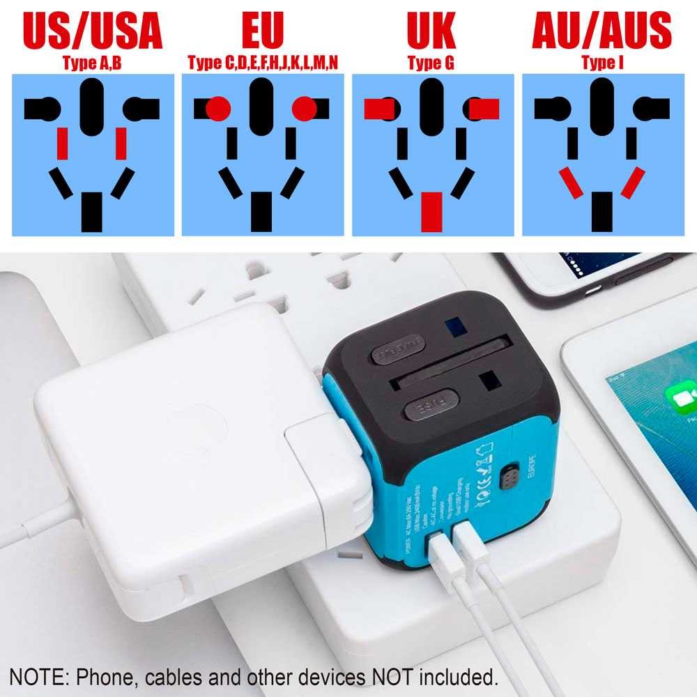 Adaptador Enchufe Pared de Viaje Universal con 2 Puertos USB para USA US EU UK AU Tipo A B C E F G I de 150 Países Azul