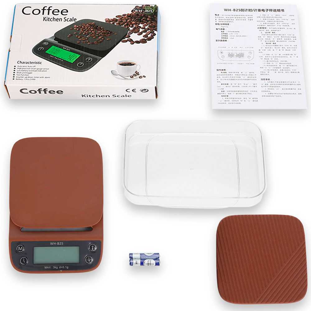Báscula de Cocina WH-B25 Marrón Balanza Electrónica Digital Peso 3Kg/0,1g Multifunción Pantalla LCD para Café