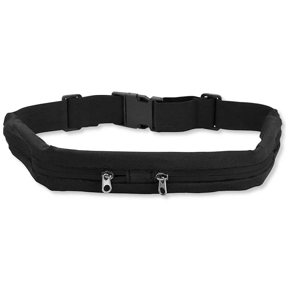 Riñonera Deportiva Doble Bolsillo Negra Bolsa de Deporte Cinta Elástica Hebilla Clip Cintura para Móvil Llaves
