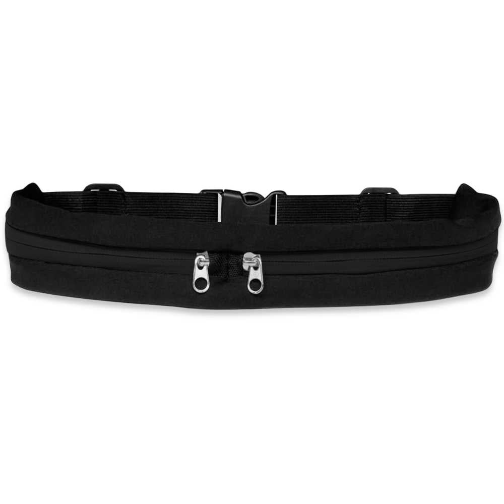 Riñonera Deportiva Doble Bolsillo Negra Bolsa de Deporte Cinta Elástica Hebilla Clip Cintura para Móvil Llaves