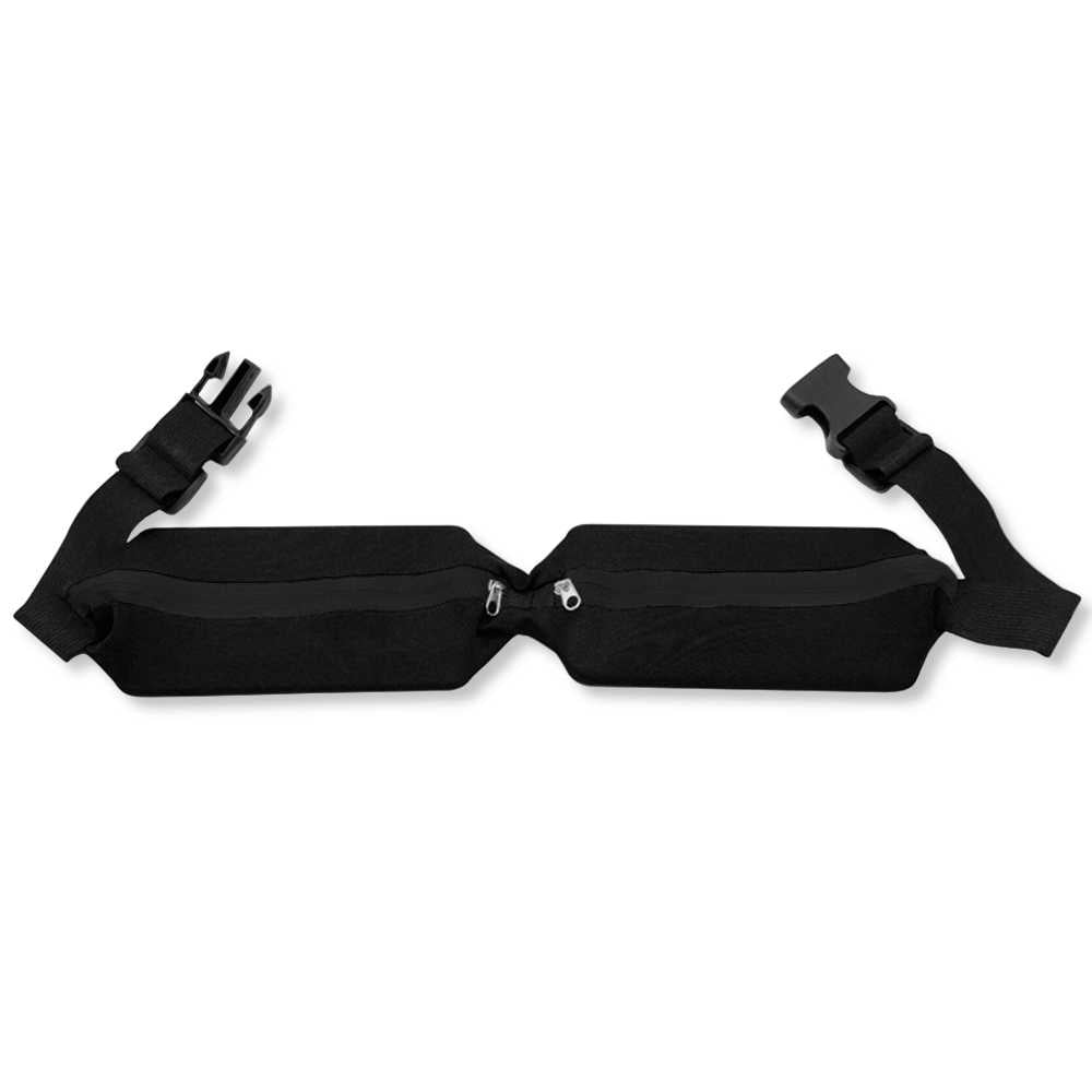 Riñonera Deportiva Doble Bolsillo Negra Bolsa de Deporte Cinta Elástica Hebilla Clip Cintura para Móvil Llaves