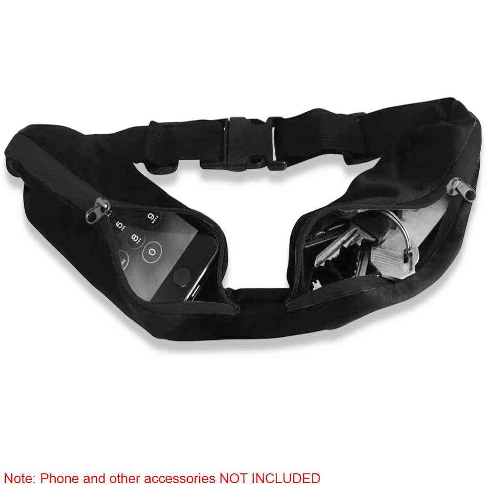 Riñonera Deportiva Doble Bolsillo Negra Bolsa de Deporte Cinta Elástica Hebilla Clip Cintura para Móvil Llaves