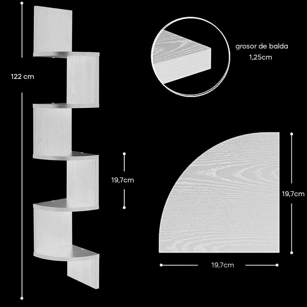 Estante de Esquina 5 Niveles Forma ZigZag Rinconera Madera 20x20x122cm C/Blanco Montaje en Pared Estilo Moderno