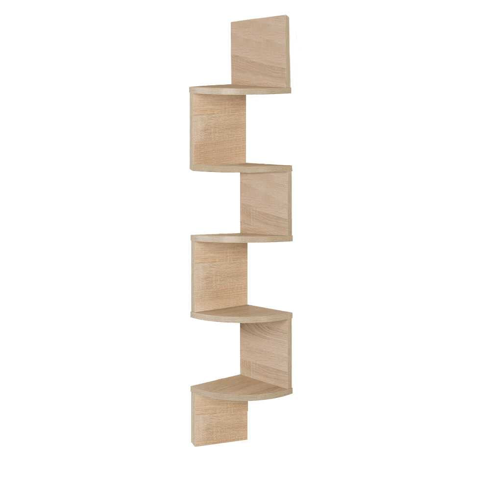 Estante de Esquina Flotante 5 Niveles Forma ZigZag Madera 20x20x122cm C/Roble Montaje en Pared Estilo Moderno