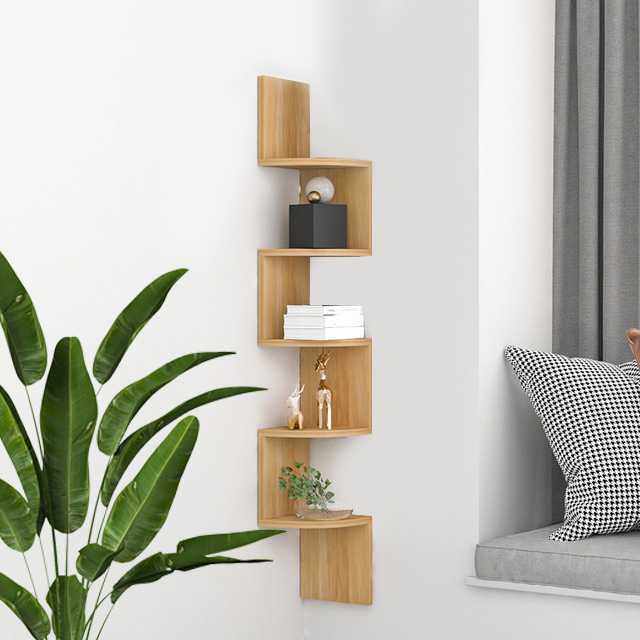 Estante de Esquina Flotante 5 Niveles Forma ZigZag Madera 20x20x122cm C/Roble Montaje en Pared Estilo Moderno