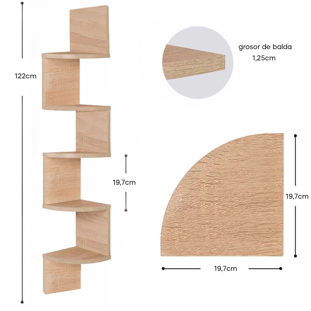 Estante de Esquina Flotante 5 Niveles Forma ZigZag Madera 20x20x122cm C/Roble Montaje en Pared Estilo Moderno