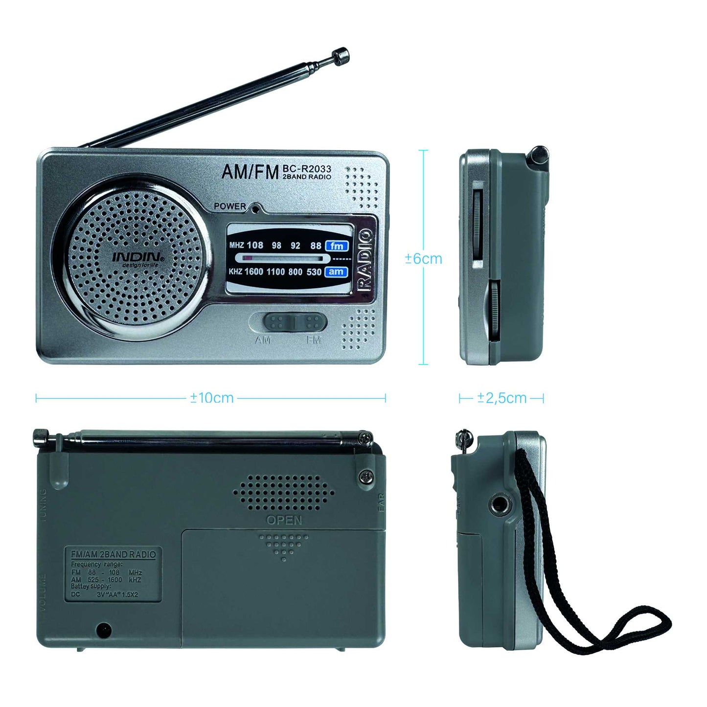 Radio de Mano BC-R2033 Analógica Mini Sintonizador AM/FM Altavoz Integrado Conector para Auriculares Jack 3.5mm