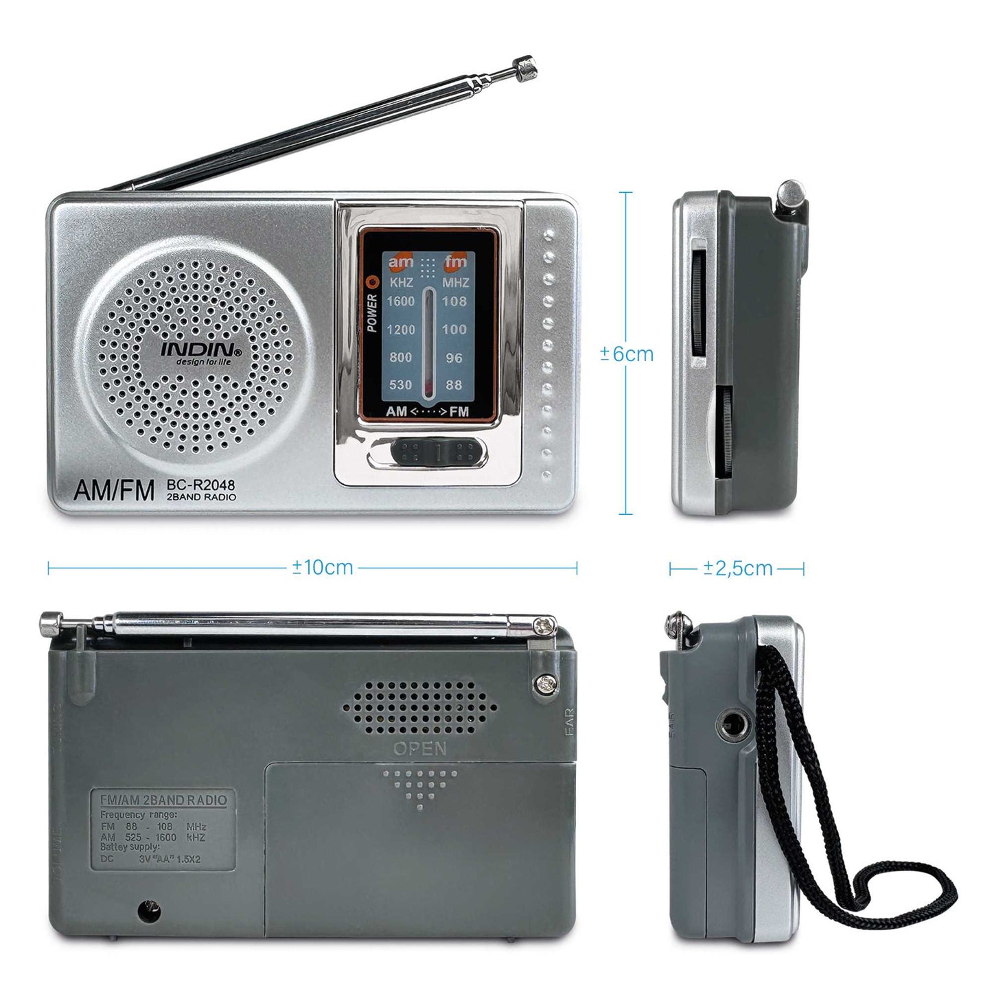 Radio de Mano BC-R2048 Analógica Mini Sintonizador AM/FM Altavoz Integrado Conector para Auriculares Jack 3.5mm