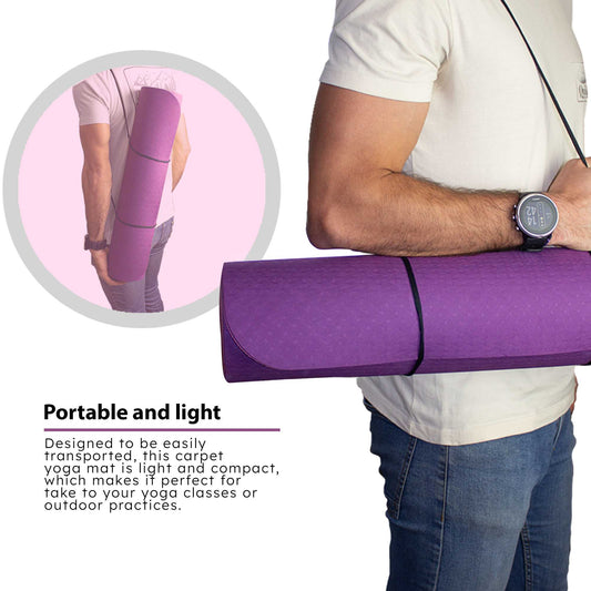 Esterilla Yoga antideslizante con Correa de hombro y Bolsa de Transporte, Pilates, Fitness, Yoga mat, TPE Ecológico + Algodón, Colchoneta gimnasia, Morado/Rosa, 183cm X 61cm X 6mm