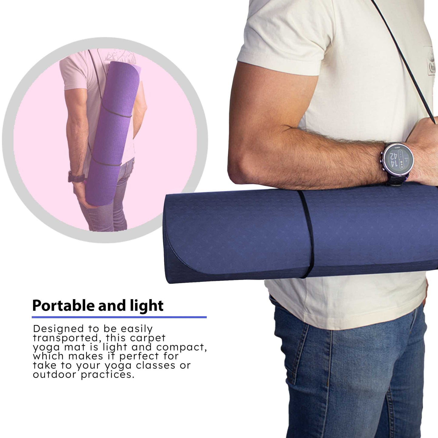 Esterilla Yoga antideslizante con Correa de hombro y Bolsa de Transporte, Pilates, Fitness, Yoga mat, TPE Ecológico + Algodón, Colchoneta gimnasia, Azul Claro/Oscuro, 183cm X 61cm X 6mm