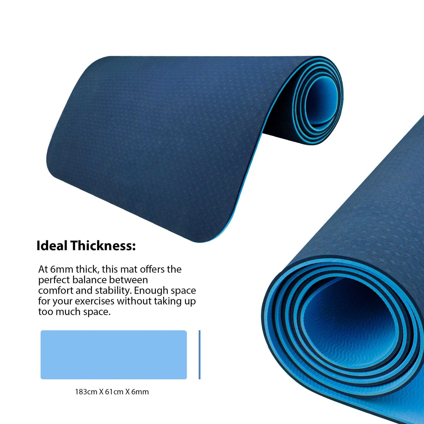 Esterilla Yoga antideslizante con Correa de hombro y Bolsa de Transporte, Pilates, Fitness, Yoga mat, TPE Ecológico + Algodón, Colchoneta gimnasia, Azul Claro/Oscuro, 183cm X 61cm X 6mm