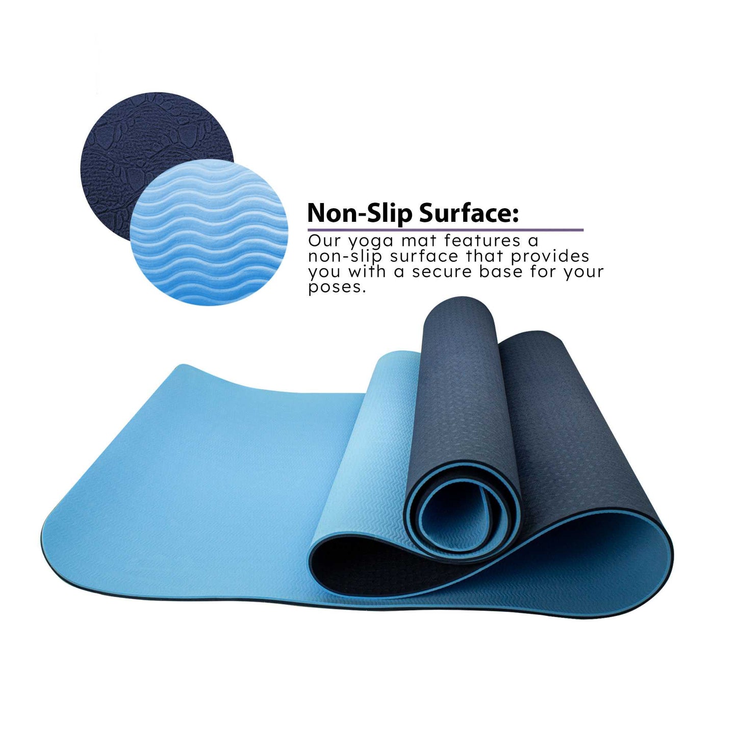 Esterilla Yoga antideslizante con Correa de hombro y Bolsa de Transporte, Pilates, Fitness, Yoga mat, TPE Ecológico + Algodón, Colchoneta gimnasia, Azul Claro/Oscuro, 183cm X 61cm X 6mm