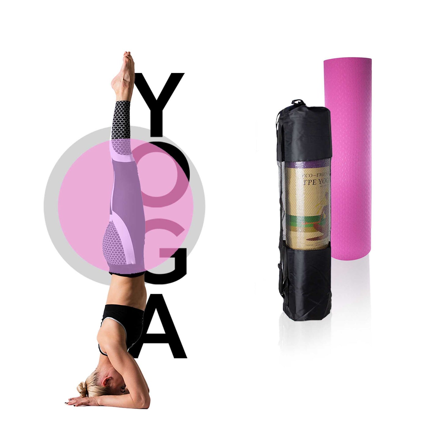 Esterilla Yoga antideslizante con Correa de hombro y Bolsa de Transporte, Pilates, Fitness, Yoga mat, TPE Ecológico + Algodón, Colchoneta gimnasia, Rosa/Rosa Claro, 183cm X 61cm X 6mm