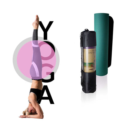 Esterilla Yoga antideslizante con Correa de hombro y Bolsa de Transporte, Pilates, Fitness, Yoga mat, TPE Ecológico + Algodón,  Colchoneta gimnasia, Verde/Negro, 183cm X 61cm X 6mm