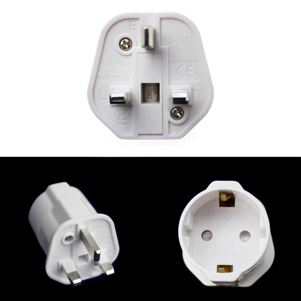 Adaptador de Enchufe EU a UK, Convertidor de 2 Pines a 3 Pines, Tipo C, E y F a Tipo G, Blanco