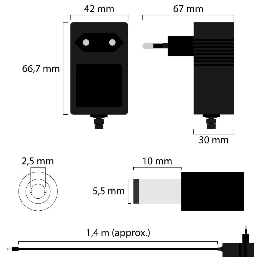 Adaptador de Corriente 12V 2A Conector DC 5.5mm, Fuente de Alimentación jack de conexión 5,5mm Exterior y 2,5mm Interno, Input 100-240V~50/60Hz 0.8A Max, Output 12V~2.0A