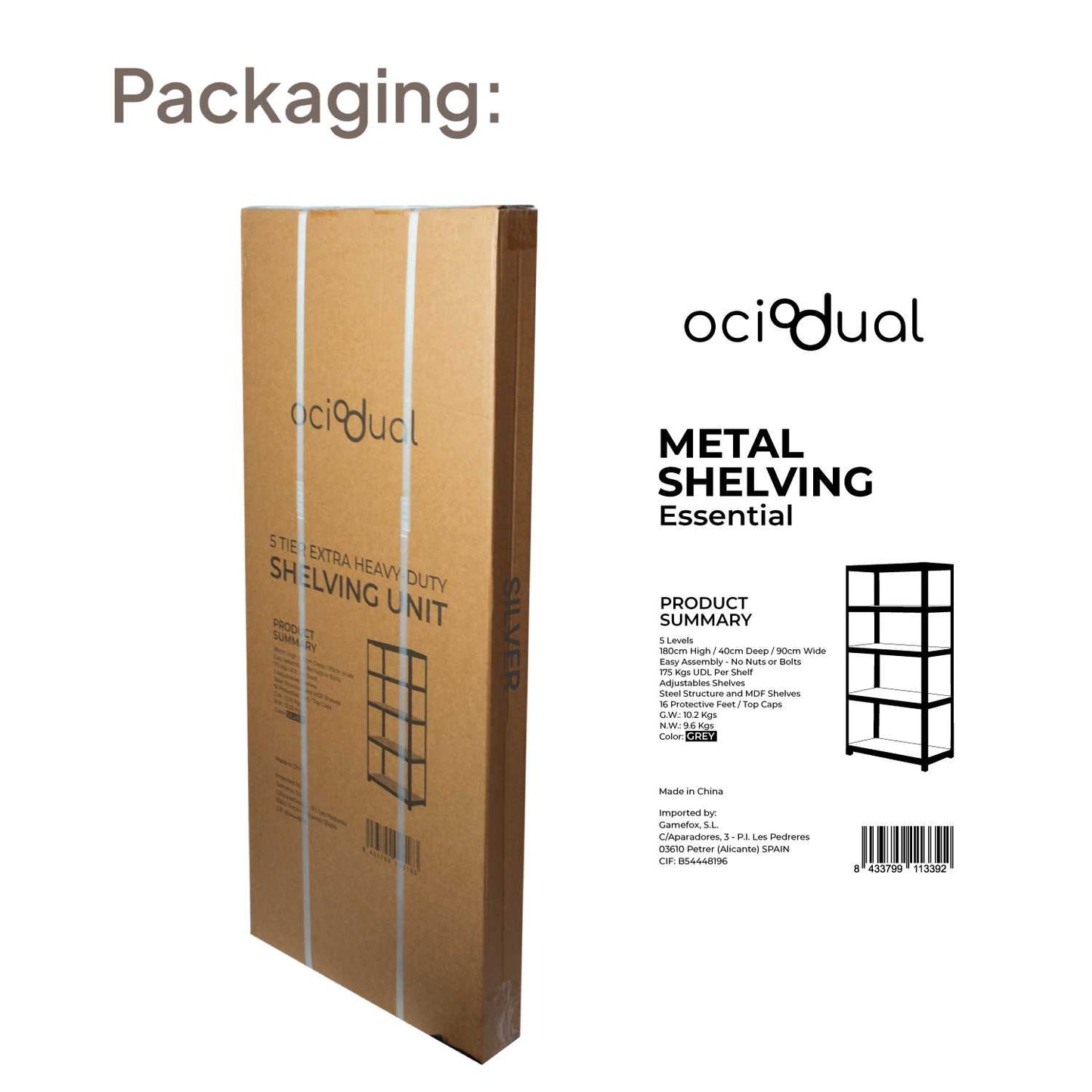 Estantería Metálica Essential Gris, Ideal para Hogar, Garaje, Cocina, Oficina, Multiusos