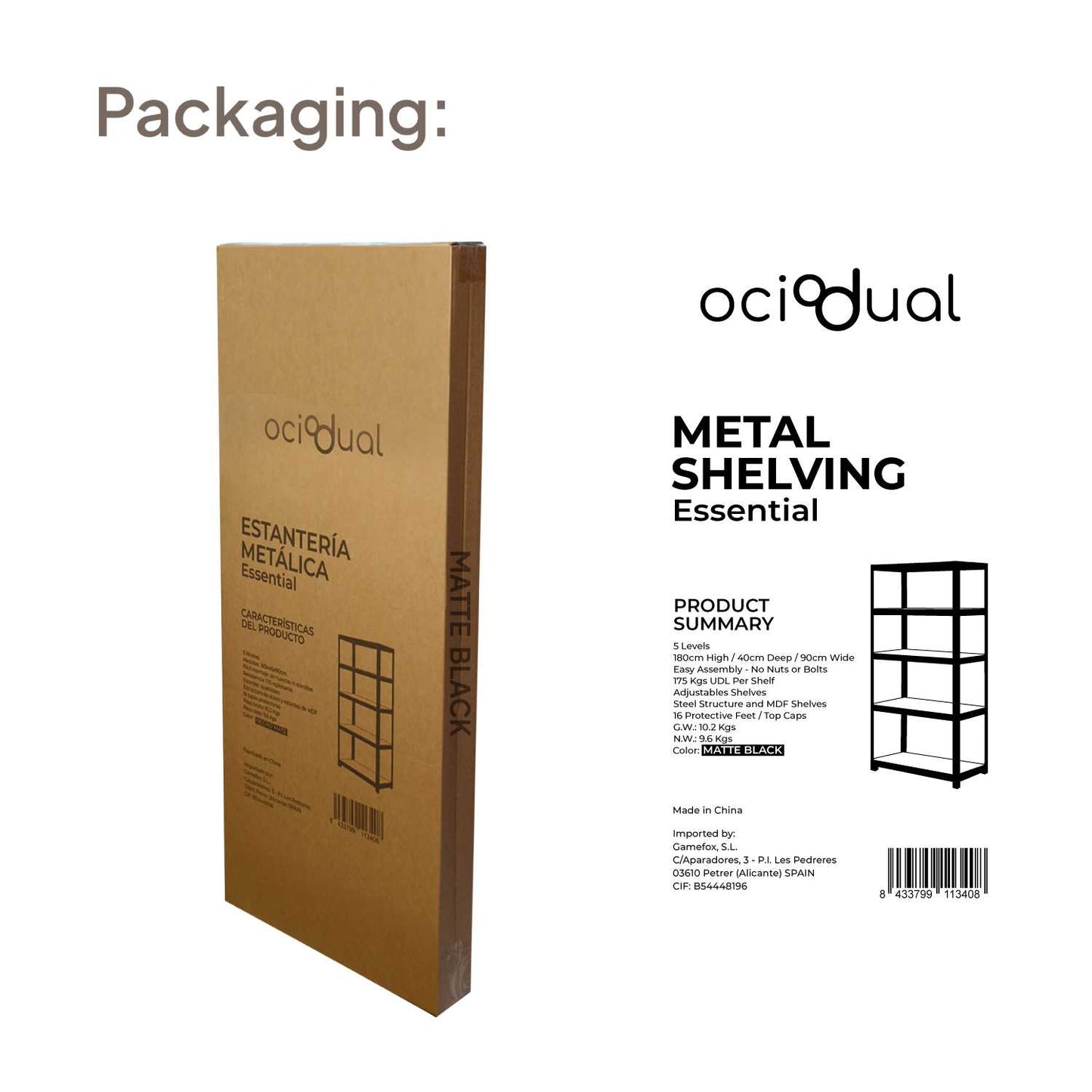 Estantería Metálica Essential Negro Mate, Ideal para Hogar, Garaje, Cocina, Oficina, Multiusos