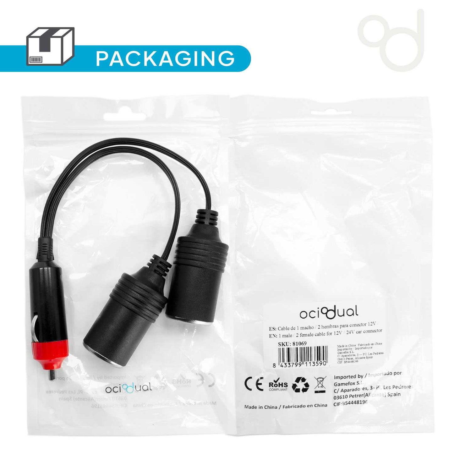 Adaptador Mechero de Coche, Cable Extensor para Enchufe Coche, Conector duplicador de 1 a 2 tomas