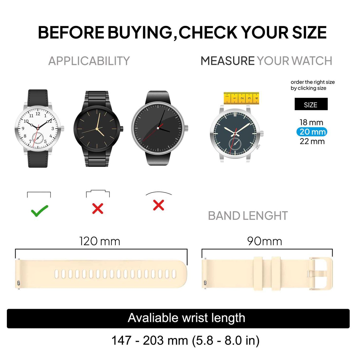 Correa Compatible con Amazfit GTS, Compatible con Forerunner 245-645, correa de 20mm color Beige, longitud: 92mm-120mm