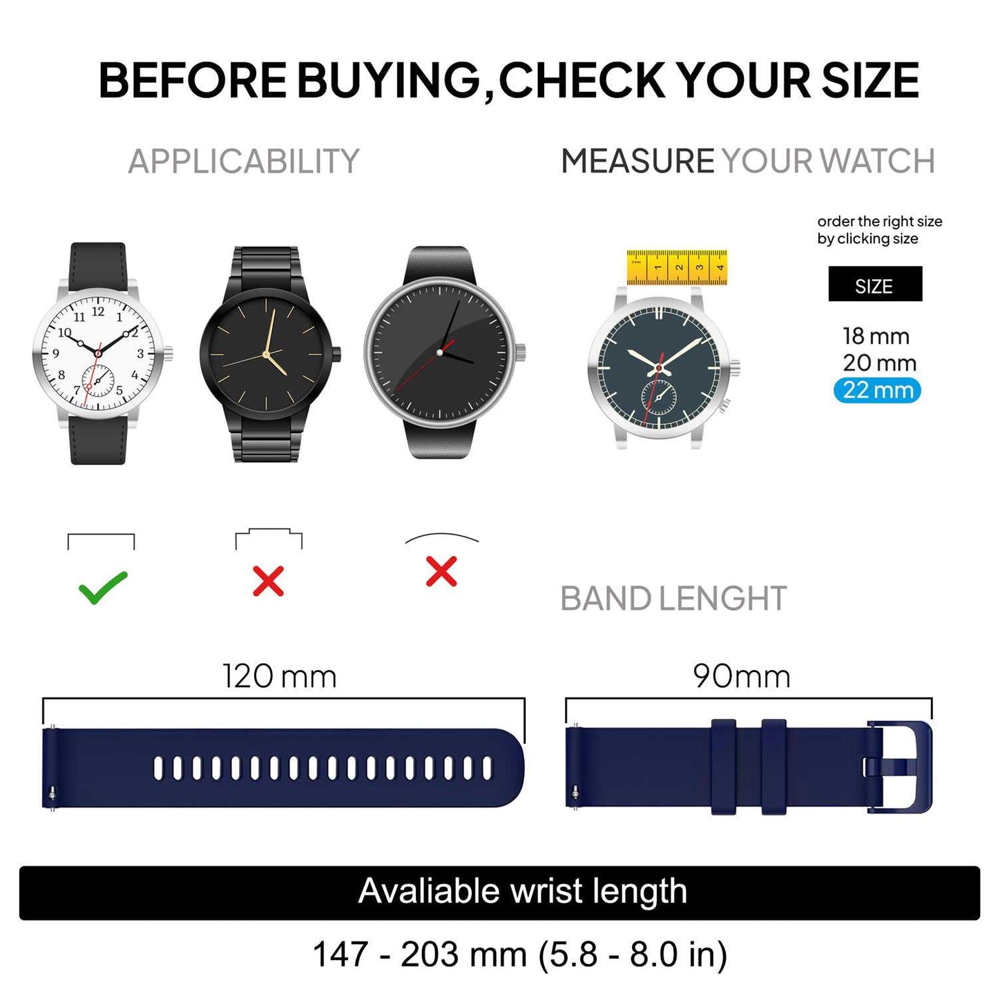 Correa Reloj de Silicona Color Azul de 22mm, Repuesto para Reloj Inteligente y Tradicional Universal, Liberación