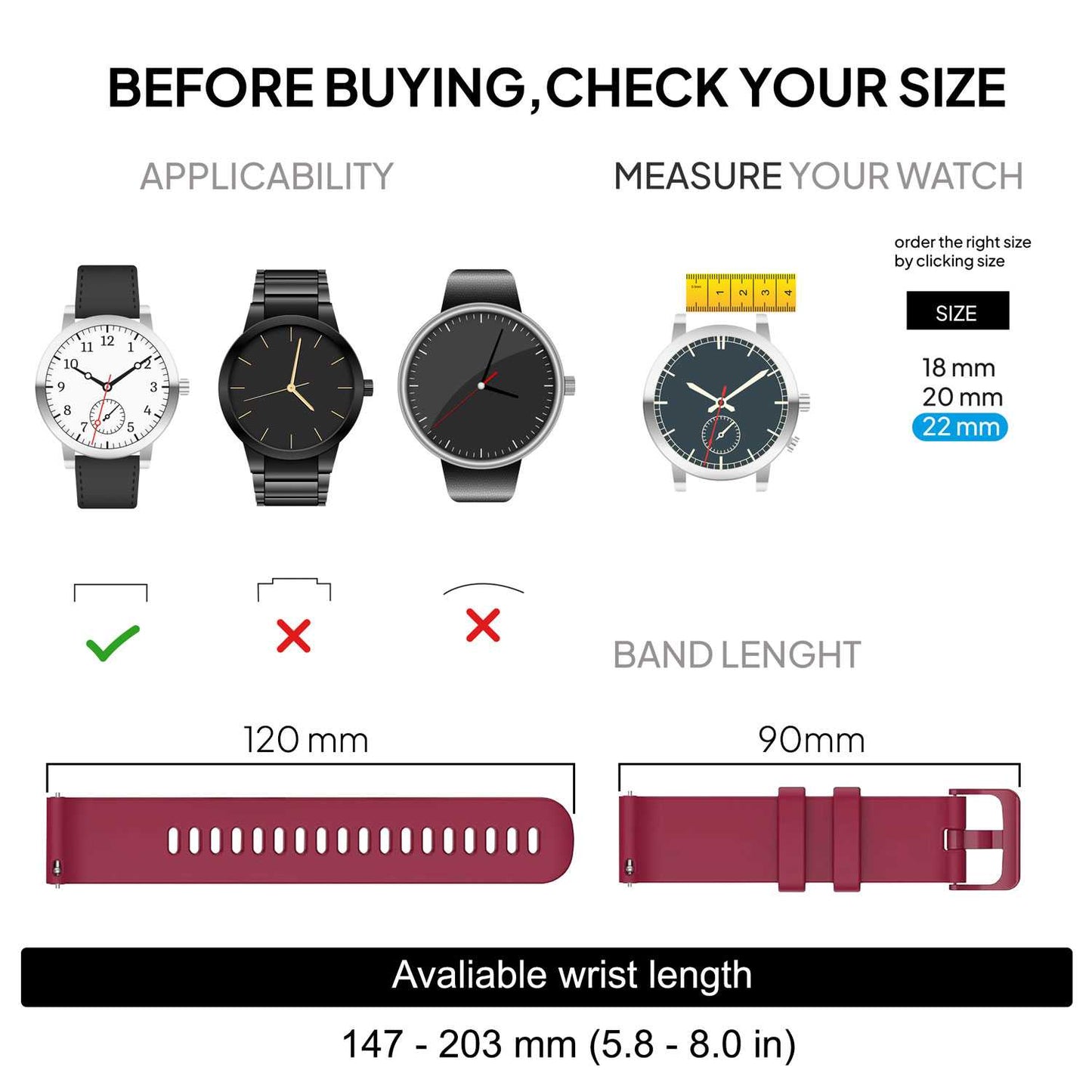 Correa Reloj de Silicona Color Rojo Vino de 22mm, Repuesto para Reloj Inteligente y Tradicional Universal, Liberación