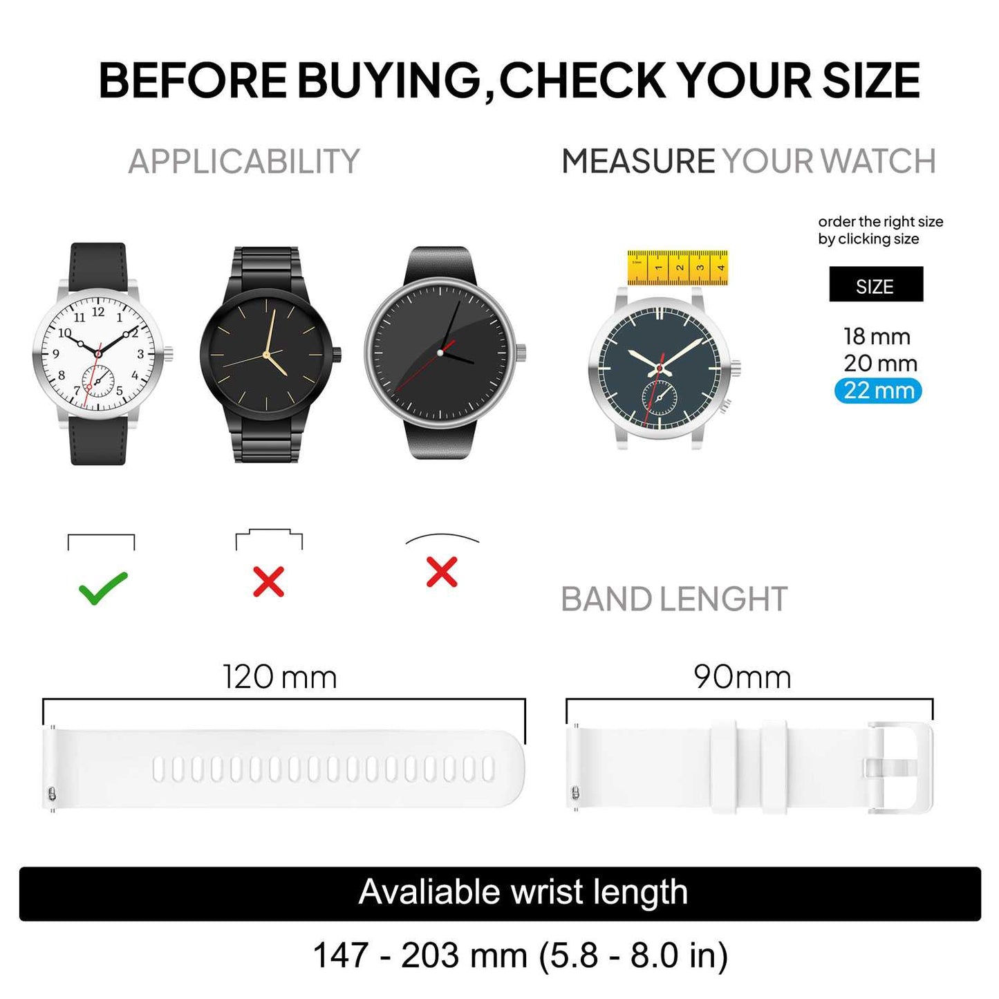 Correa Reloj de Silicona Color Blanco de 22mm, Repuesto para Reloj Inteligente y Tradicional Universal, Liberación