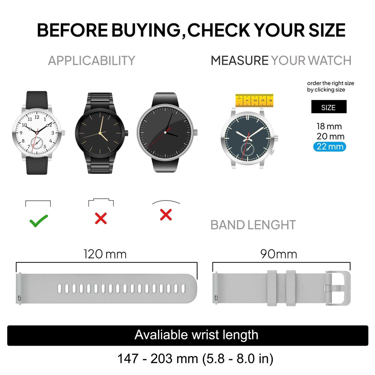 Correa Reloj de Silicona Color Gris de 22mm, Repuesto para Reloj Inteligente y Tradicional Universal, Liberación