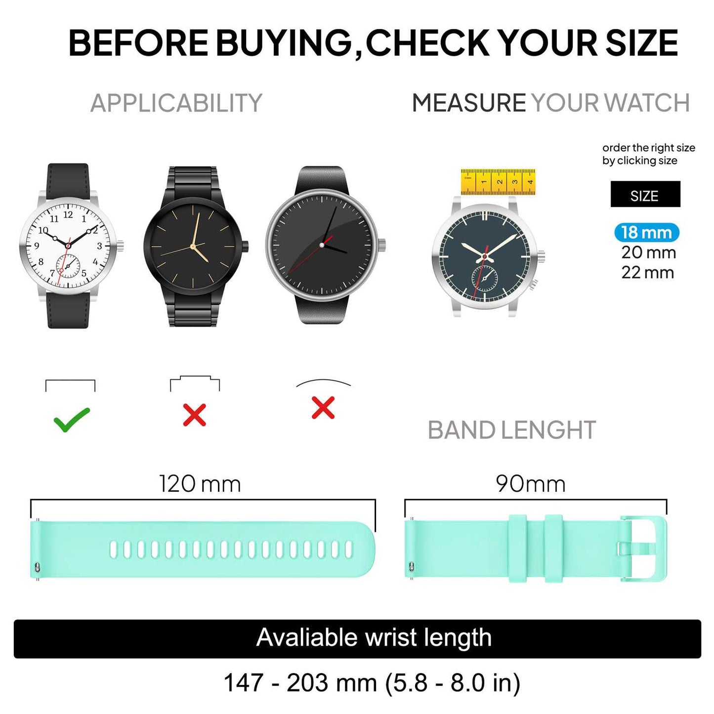 Correa Reloj de Silicona Color Turquesa de 18mm, Repuesto para Reloj Inteligente y Tradicional Universal, Liberación