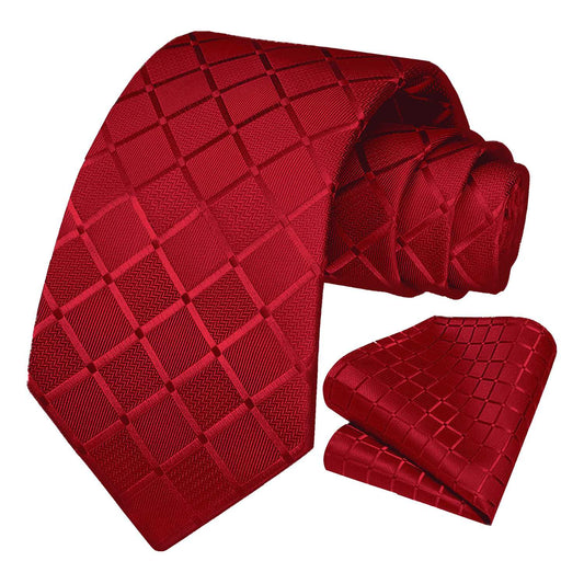 Corbata para Hombre, Conjunto de Corbata y Pañuelo de bolsillo, a Cuadros, Color Rojo, Hecha a mano, Elegante