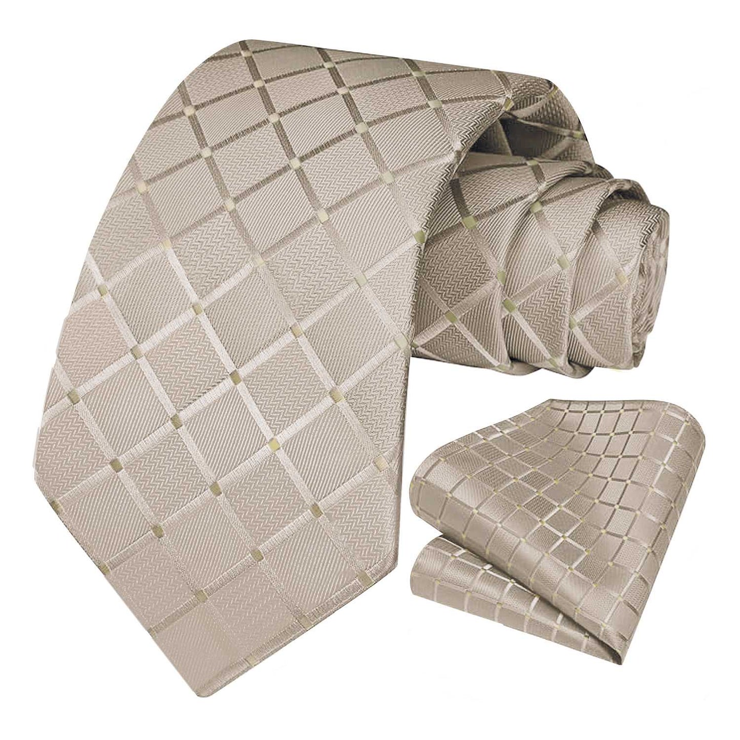Corbata para Hombre, Conjunto de Corbata y Pañuelo de bolsillo, a Cuadros, Color Plata, Hecha a mano, Elegante
