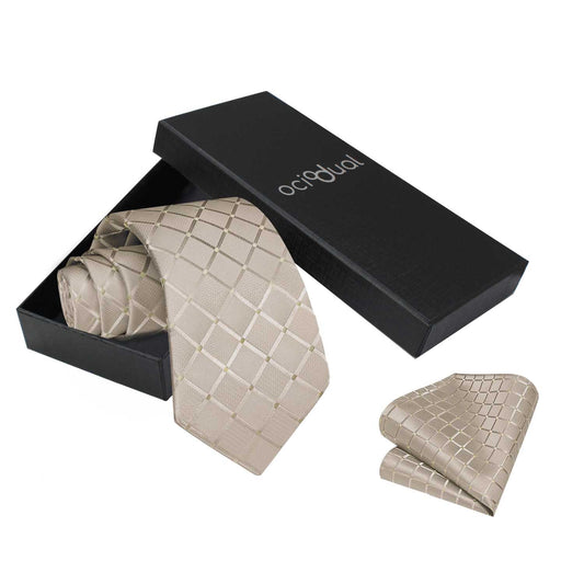 Corbata para Hombre, Conjunto de Corbata y Pañuelo de bolsillo, a Cuadros, Color Plata, Hecha a mano, Elegante