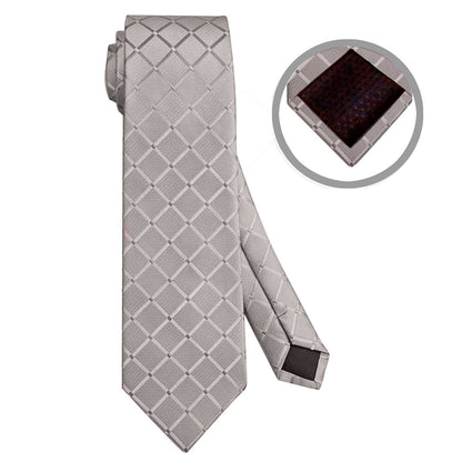 Corbata para Hombre, Conjunto de Corbata y Pañuelo de bolsillo, a Cuadros, Color Plata, Hecha a mano, Elegante