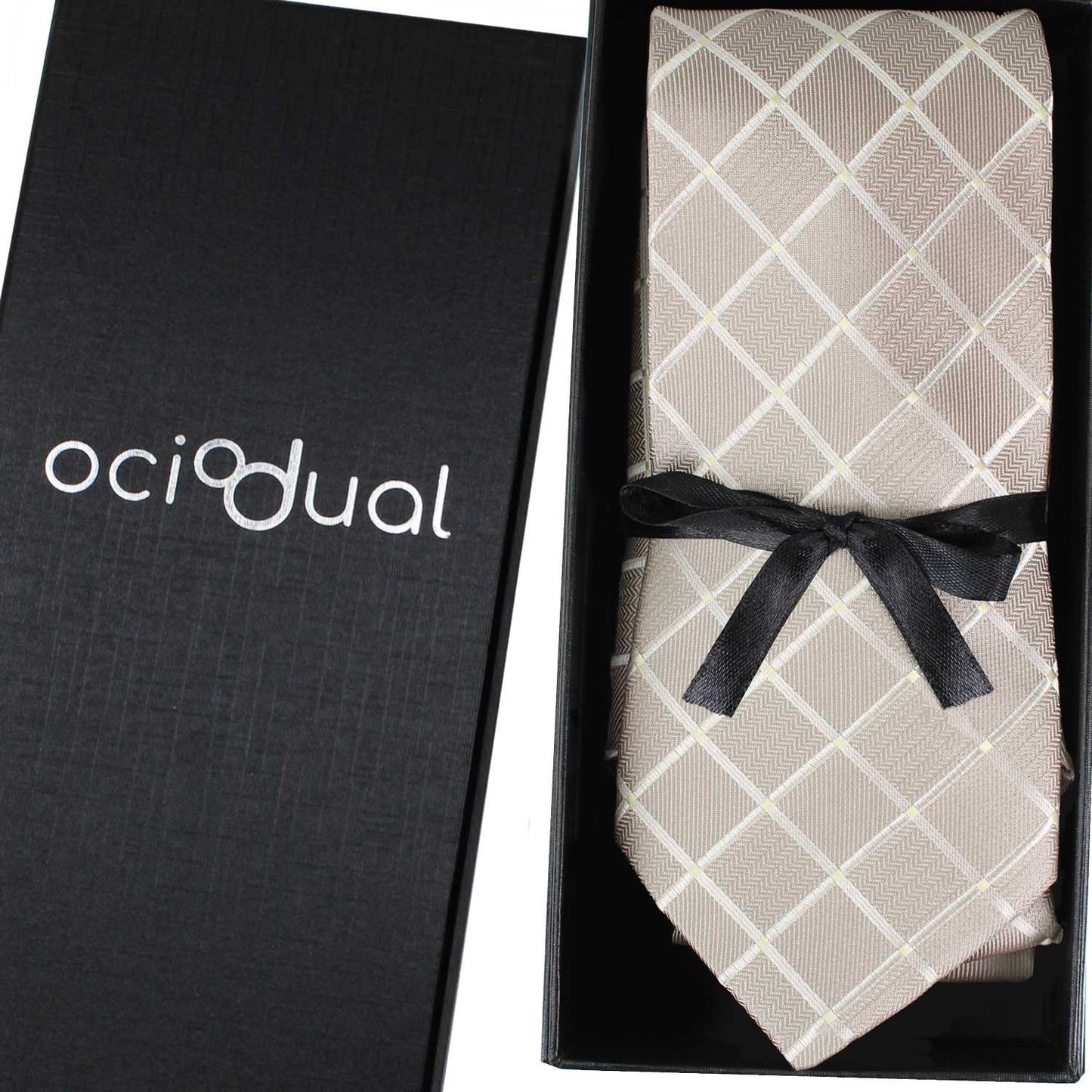 Corbata para Hombre, Conjunto de Corbata y Pañuelo de bolsillo, a Cuadros, Color Plata, Hecha a mano, Elegante