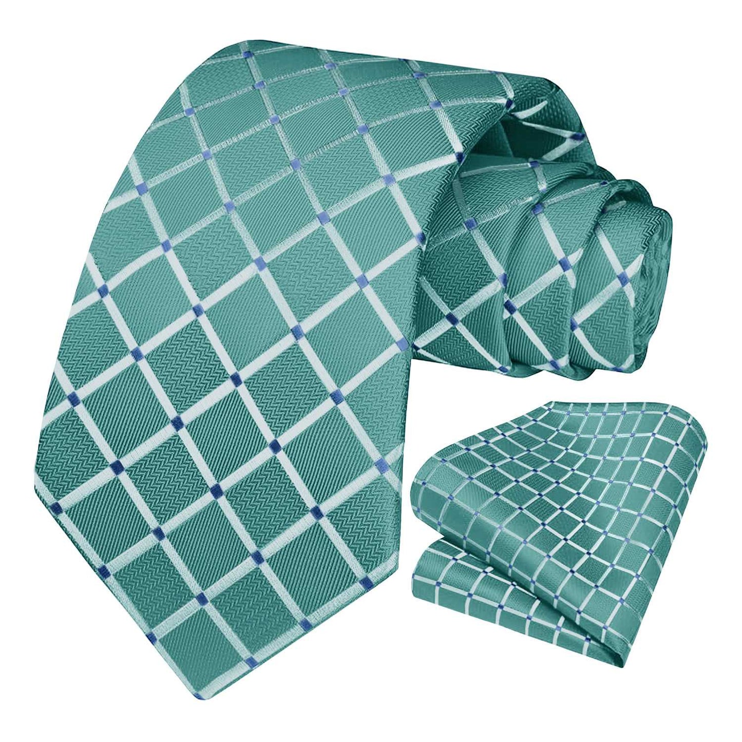 Corbata para Hombre, Conjunto de Corbata y Pañuelo de bolsillo, a Cuadros, Color Azul Claro, Hecha a mano, Elegante