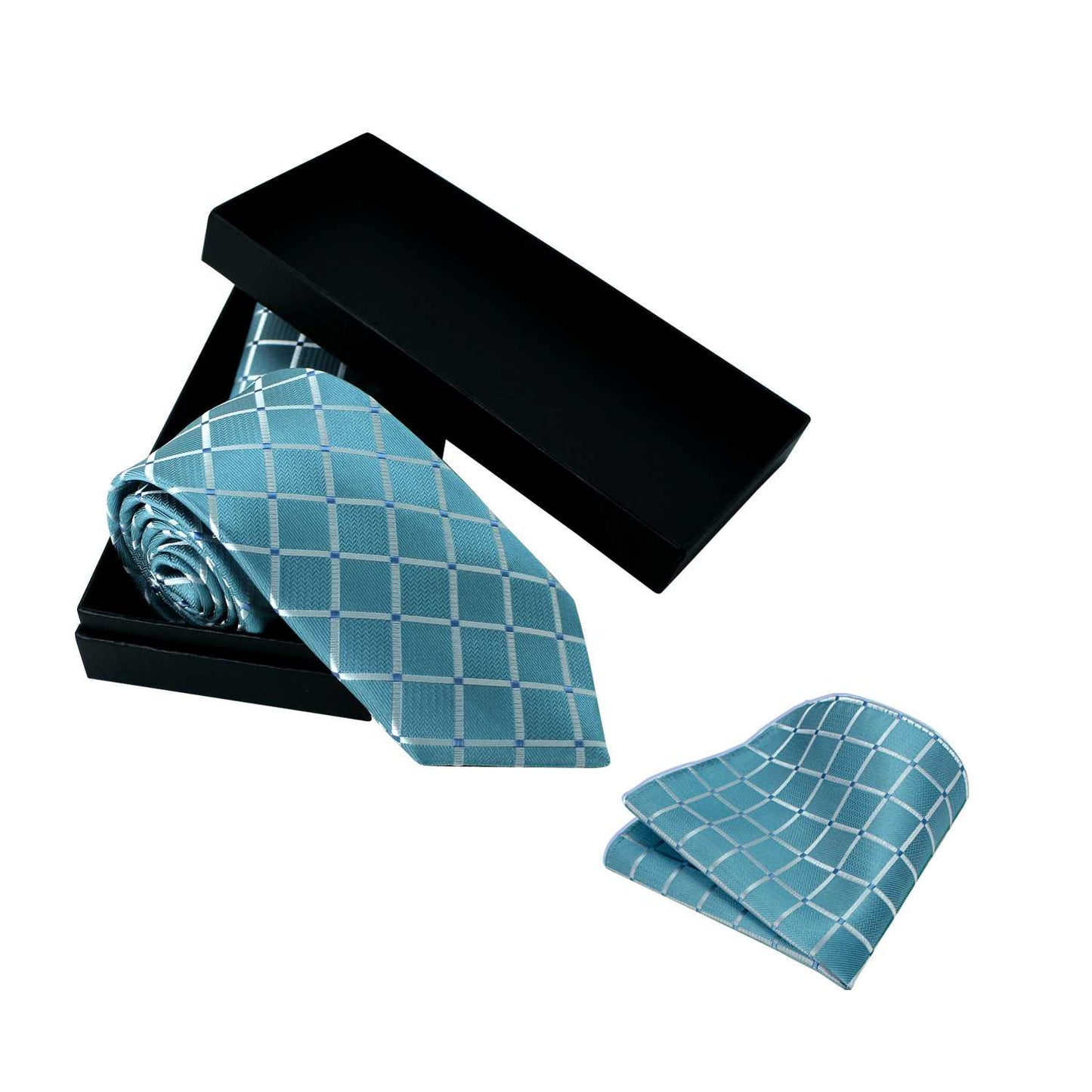 Corbata para Hombre, Conjunto de Corbata y Pañuelo de bolsillo, a Cuadros, Color Azul Claro, Hecha a mano, Elegante