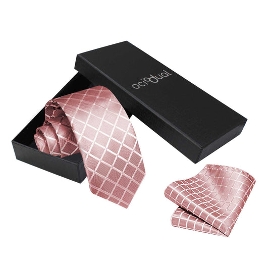 Corbata para Hombre, Conjunto de Corbata y Pañuelo de bolsillo, a Cuadros, Color Rosa, Hecha a mano, Elegante
