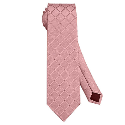 Corbata para Hombre, Conjunto de Corbata y Pañuelo de bolsillo, a Cuadros, Color Rosa, Hecha a mano, Elegante