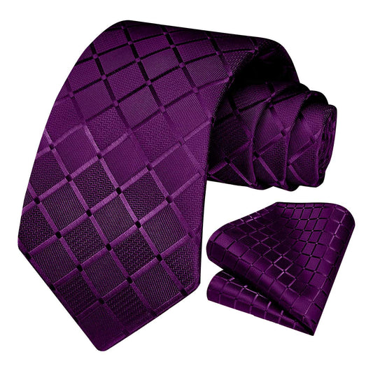 Corbata para Hombre, Conjunto de Corbata y Pañuelo de bolsillo, a Cuadros, Color Lila, Hecha a mano, Elegante