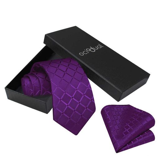 Corbata para Hombre, Conjunto de Corbata y Pañuelo de bolsillo, a Cuadros, Color Lila, Hecha a mano, Elegante