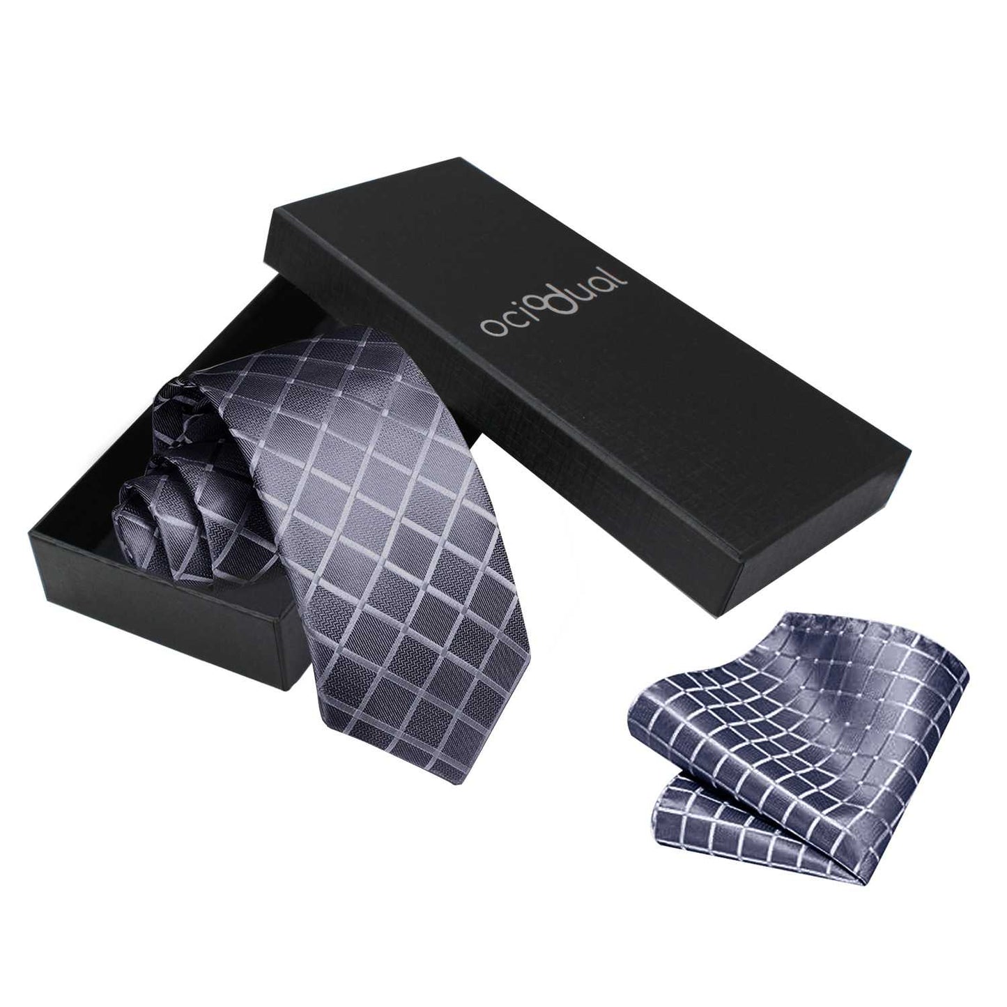 Corbata para Hombre, Conjunto de Corbata y Pañuelo de bolsillo, a Cuadros, Color Gris, Hecha a mano, Elegante