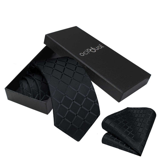 Corbata para Hombre, Conjunto de Corbata y Pañuelo de bolsillo, a Cuadros, Color Negro, Hecha a mano, Elegante