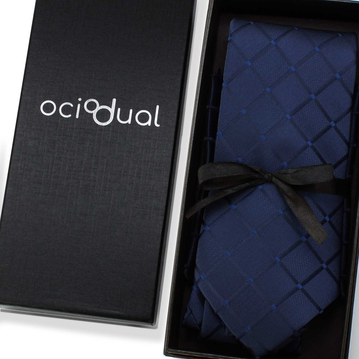 Corbata para Hombre, Conjunto de Corbata y Pañuelo de bolsillo, a Cuadros, Color Azul Oscuro, Hecha a mano, Elegante