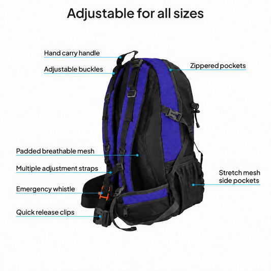 Mochila de Senderismo, 50 Litros, Impermeable y Ligera, Color Azul, Múltiples Bolsillos, ideal para Viaje, Montaña